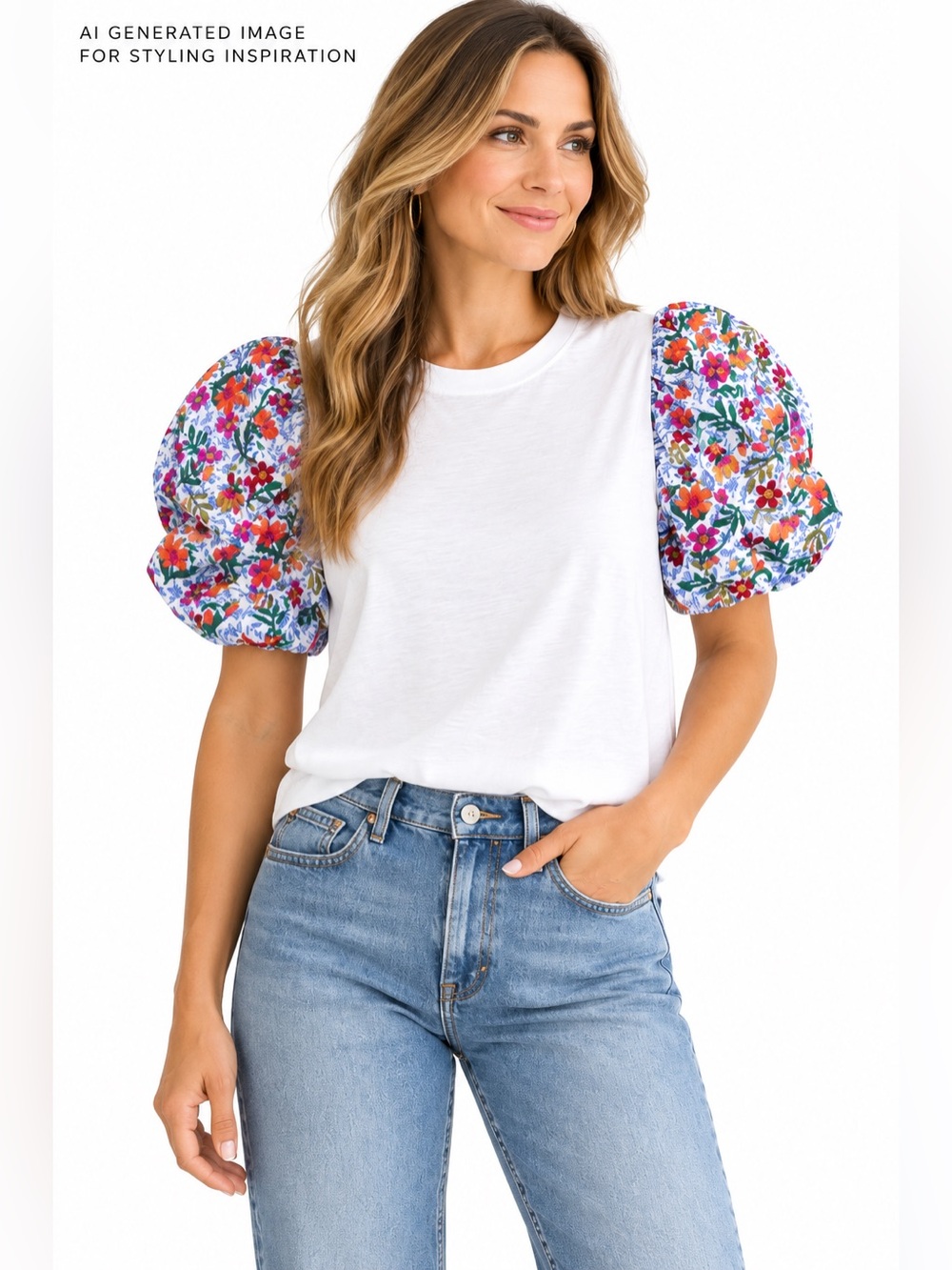 THML White Floral Puff Sleeve Tee XS Colorful Statement Sleeves
